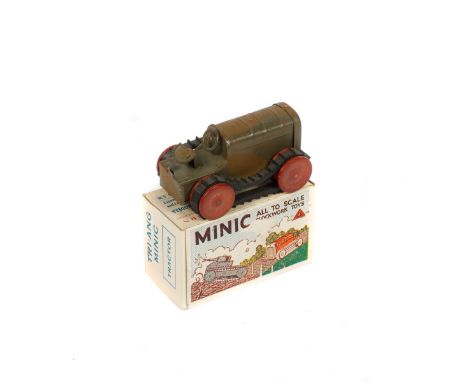 Tri-ang Minic Army Tractor (11M). A pre-war 2nd series example in green and brown camouflage with red wooden wheels and black