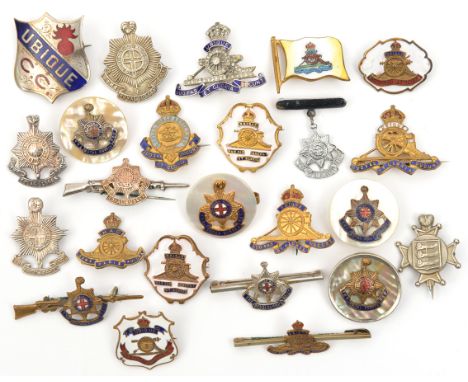 24 sweetheart brooches and tie pins, different types of Artillery and R Sussex, mostly enamelled, including RA Cycling Club s