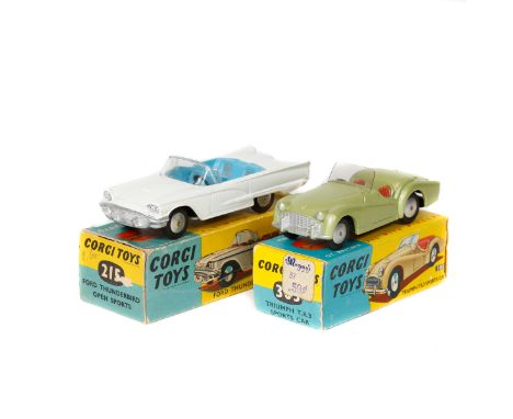 2 Corgi Toys. Triumph TR3 (305) in light metallic green with smooth wheels. Together with a Ford Thunderbird-Open Sports (215