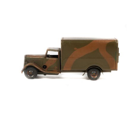 Tri-ang Minic Army Van (21M CF). An example in green and brown camouflage with green wheels and black tyres. VGC. £70-90