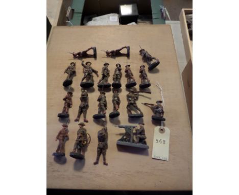 15 Elastolin British Army Figures. 14 in active service uniforms, 6 marching, rifles shouldered, soldier with trench periscop