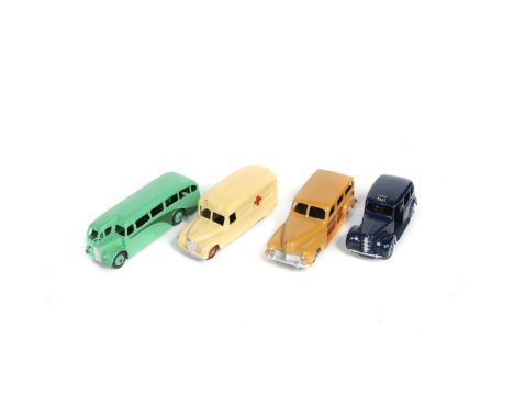 4 Dinky Toys. Austin FX3 TAXI (40h/254) in dark blue with mid blue wheels. Plus a Half Cab Bus/Single Deck Bus (29e), example