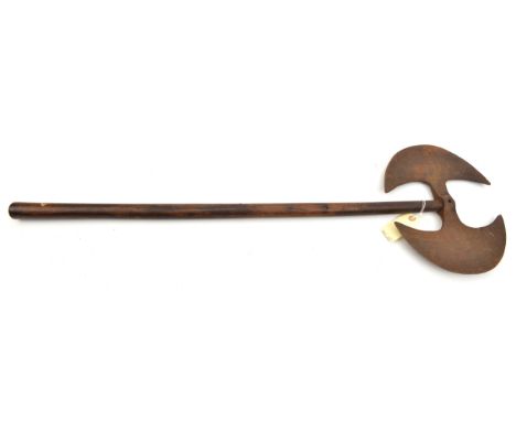 A 19th Century Indian double headed axe, blades, 9”, with traces of silver damascened cross hatched panels and foliage, plain