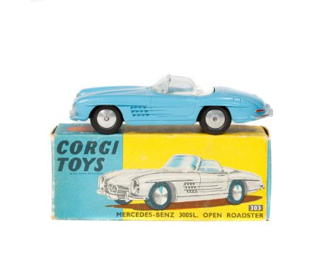 Corgi Toys Mercedes-Benz 300SL Open Roadster (303). An example in light metallic green with red seats, smooth wheels and blac