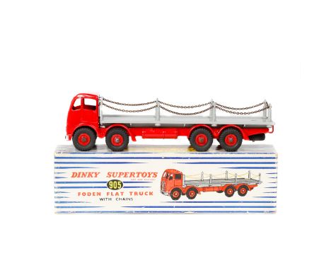 Dinky Supertoys Foden Flat Truck with chains (905). 2nd type FG cab and chassis in bright red, with bright red wheels and bla