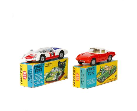 2 Corgi Toys. Lotus Elan Coupe (319). In bright red with white roof and interior, cast wheels and black rubber tyres. Plus a 