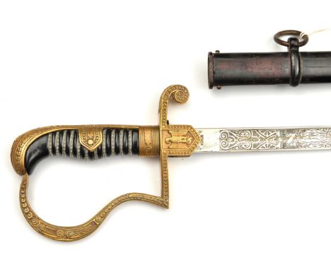 A Third Reich Army officer’s sword,  plated blade 31” with post 1941 Eickhorn mark on one side, the other side stamped “Esser