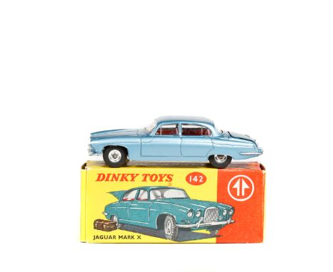 Dinky Toys Jaguar Mark X (142). In light metallic blue with red interior, dished spun wheels with black rubber tyres. With lu