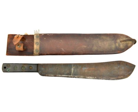 A WWII machete, blade stamped with broad arrow and “JJB/ 1943”, studded composition grip, in its leather scabbard with belt l