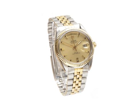GENTLEMAN'S TUDOR OYSTER PRINCE DATE + DAY ROTOR SELF WINDING STAINLESS STEEL BI COLOUR AUTOMATIC WRIST WATCHthe round gold c