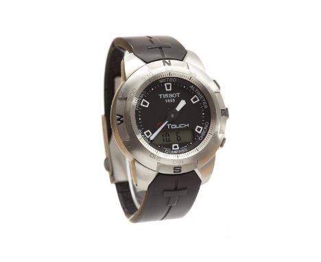 GENTLEMAN'S TISSOT TOUCH DIGITAL STAINLESS STEEL WRIST WATCHthe round black dial with white open wedge hour markers, with dig