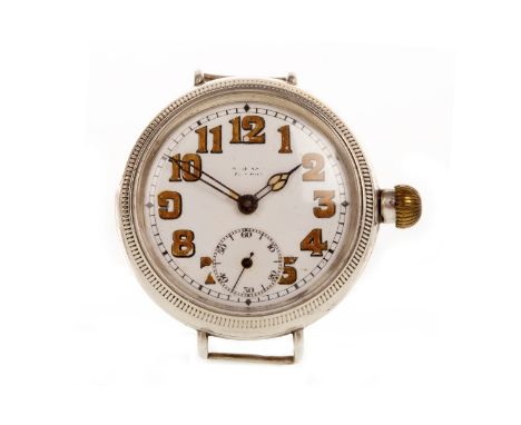 GENTLEMAN'S EARLY TWENTIETH CENTURY SILVER MANUAL WIND TRENCH WATCHunsigned 17 jewel movement numbered 40734, the round white