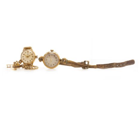 TWO LADY'S EARLY TWENTIETH CENTURY NINE CARAT GOLD MANUAL WIND WRIST WATCHESeach with a round dial with applied gold Arabic n