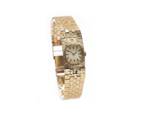 LADY'S BULOVA NINE CARAT GOLD MANUAL WIND WRIST WATCHlate 1960s, the rounded square dial with applied baton hour markers, 16m