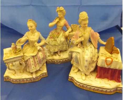 A collection of three 19th Century Meissen porcelain figure groups of ladies seated at a table  CONDITION REPORTS Meissen lad