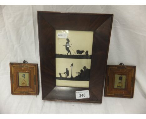 A silhouette of an elderly gentleman with a pig and another with a dog, in mahogany frame, and two straw work miniatures of a