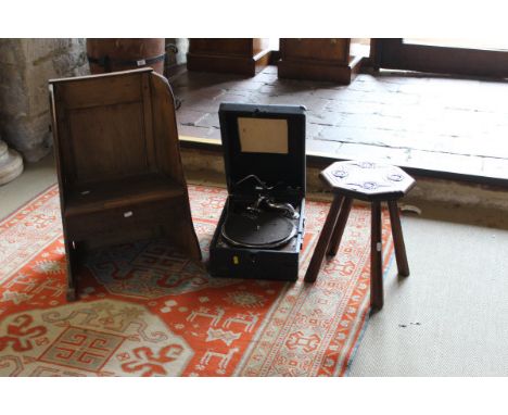 A 19th Century child's elm settle, a carved octagonal stool and a cased gramophone