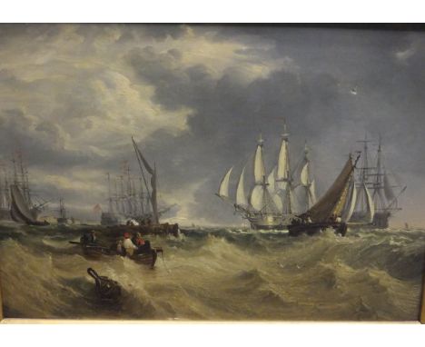 IN THE MANNER OF ADOLPHUS KNELL "Sea faring scene with tall masted ships, fishing barges and rowing boat", together with one 