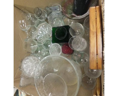Four boxes of sundry glass and china wares, simulated lead planter, peacock decorated bin of various sundries, etc
