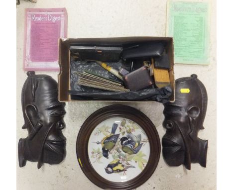 A boxed set of Japan pattern coffee cans and saucers, a box of various mathematical instruments, a pair of ebony figural wall