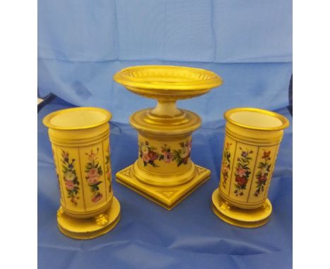 A late 19th / early 20th Century Continental porcelain garniture comprising a miniature pedestal urn painted with floral spra