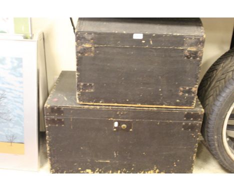 A Victorian studded faux leather covered trunk bearing label inscribed "F Batters High Street Cheltenham ....", together with