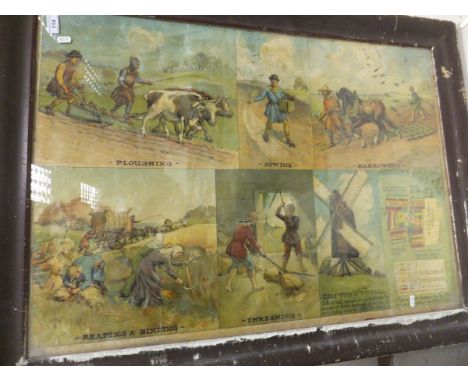 A framed leaded glazed three section window panel with stylised floral design, together with a framed and glazed "Farming" pr