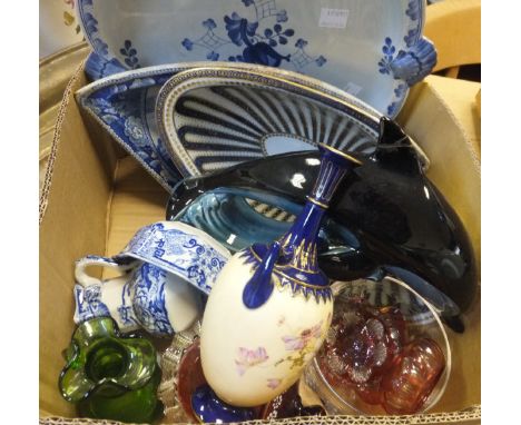 A box of miscellaneous china and glass wares to include cranberry glass dressing table jars, Royal Worcester blushware twin-h