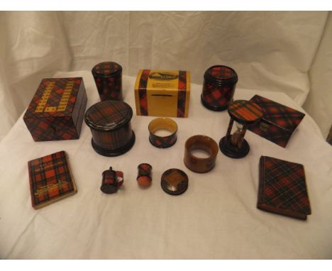 A collection of thirteen pieces of Victorian Tartan ware to include a cotton box advertising "Clark & Co.", money boxes, stam