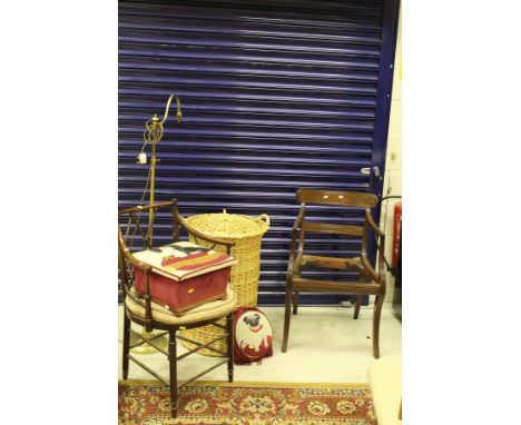 A brass down lighter, a wicker laundry basket, a mahogany framed carver chair with circular seat, a Victorian mahogany stool 