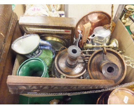 A graduated pair of Victorian copper and brass handled saucepans and lids, a brass pipe rack with three pipes, three various 