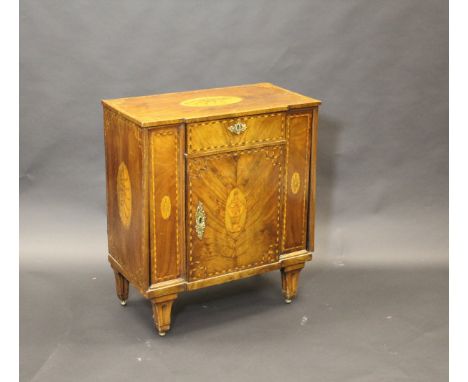 A 19th Century Dutch breakfront side cabinet of small proportions, the top with central marquetry inlaid shell medallion, the