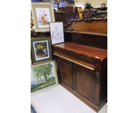 A Victorian mahogany chiffonier plus AFTER POLLYANNA PICKERING "Barn owl with owlet", black and white print, together with tw
