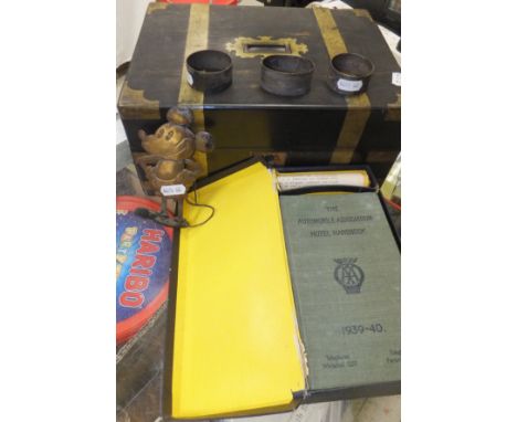A 19th Century mahogany and brass mounted box containing various cottons, etc, an early enamelled and brass Mickey Mouse badg