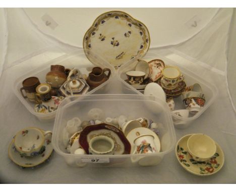 Three plastic containers containing a large collection of miniature porcelain and other wares to include Royal Crown Derby mi