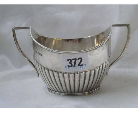 Boat shaped half reeded sugar basin 6” over handles  Sheff 1924 by M & W  185g      