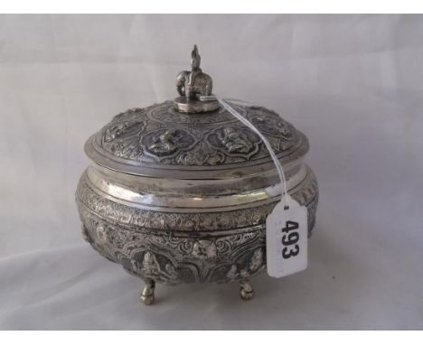 Indian circular box lift off cover with  elephant finial over embossed sides  5.5” dia   340g       