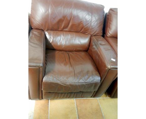 A leather 2 seater settee, armchair & pouffe