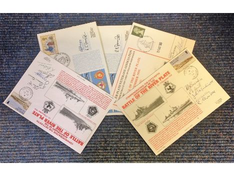 5 Official Navy Covers commemorating the Battle of the River Plate. 1) Signed by Commander R B Jennings. 2) Signed by Admiral
