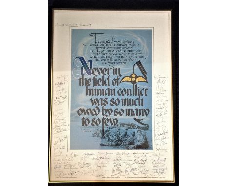 80+ Battle of Britain pilots signed to Battle of Britain poster framed and mounted to approx. 26 x 19. Signed at the 1990 reu