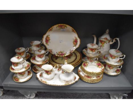 A quantity of Royal Albert Old Country Roses teawares, including teapot, sugar &amp; cream.