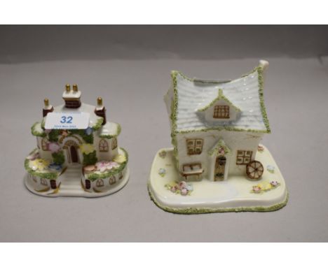 Two miniature ceramic cottages by Coal port including Crooked cottage and Keepers cottage