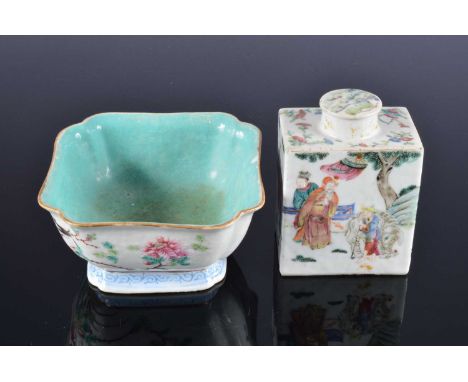 Two early 20th century Chinese porcelain items, including a tea caddy, chipped to corner, and a square bow, chipped to rim