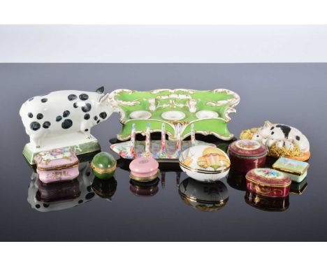 A mixed lot of ceramics and other items, including a restored Staffordshire porcelain inkstand, a Rye pottery pig, a Winton t