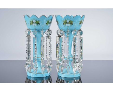 A pair of Victorian blue opaque glass lustres, 33cm, with leaf enamel decoration, with clear lustres