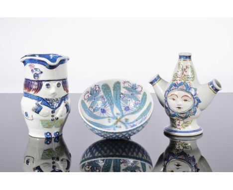 Two Royal Copenhagen Faience studio porcelain items and a similar bowl, the Toby jug style item 14cm high, numbered 304 over 