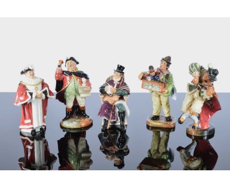 Five Royal Doulton figures, including The Coachman HN The Mayor HN 2280, The Organ Grinder HN 2173, The Fiddler HN 2171 and T