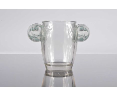 An Art Deco Lalique Glass Yvelines twin handled vase, 20.5cm high, Model No. 975, with raised design of deer amongst foliage 