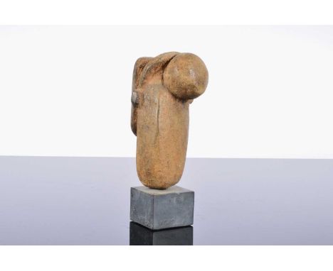 Peter Hayes (born 1946) stoneware and slate, abstract bust, in brown on a square plinth base, unsigned 20 cm by 8 cm wide 7.5