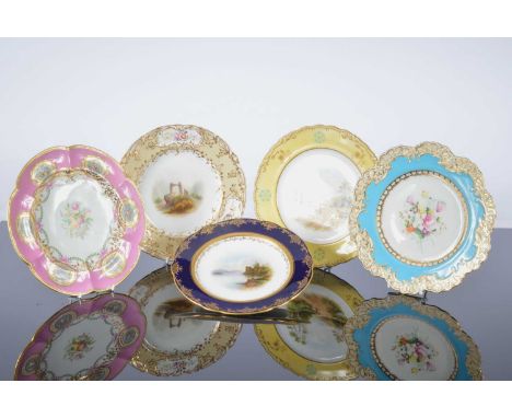 Five 19th century Coalport porcelain cabinet plates, one with deep blue and gilt rim and nicely hand painted lake scene of St